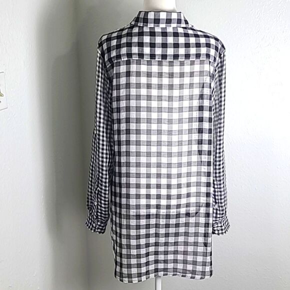 Calvin Klein High-Low Sheer Buttondown Blouse, Black & White Check, Size Medium - Picture 7 of 9